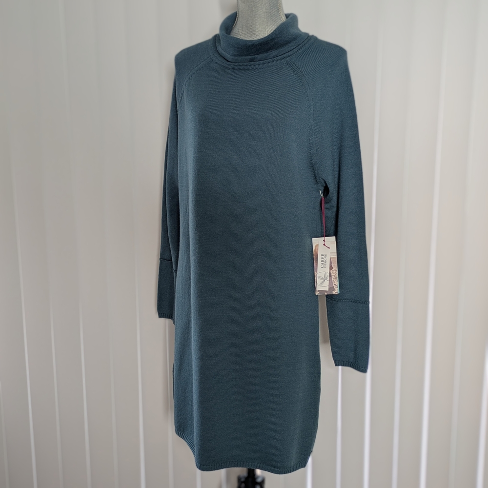 Carve Designs Teal Knit Long Sleeve Cowl Neck  Sweater Dress Merino Blend Sz L
